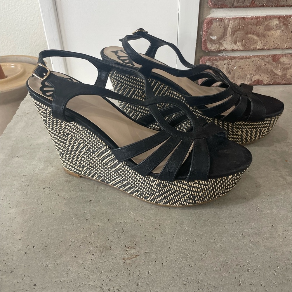 Fergalicious Black and Tan Wedge Sandals